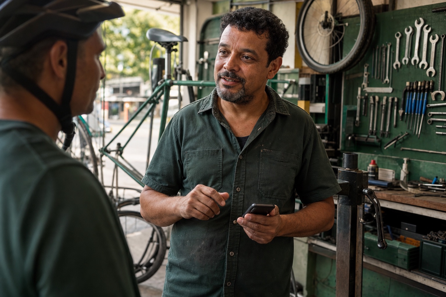 Dono de oficina de bicicletas conversando com um cliente